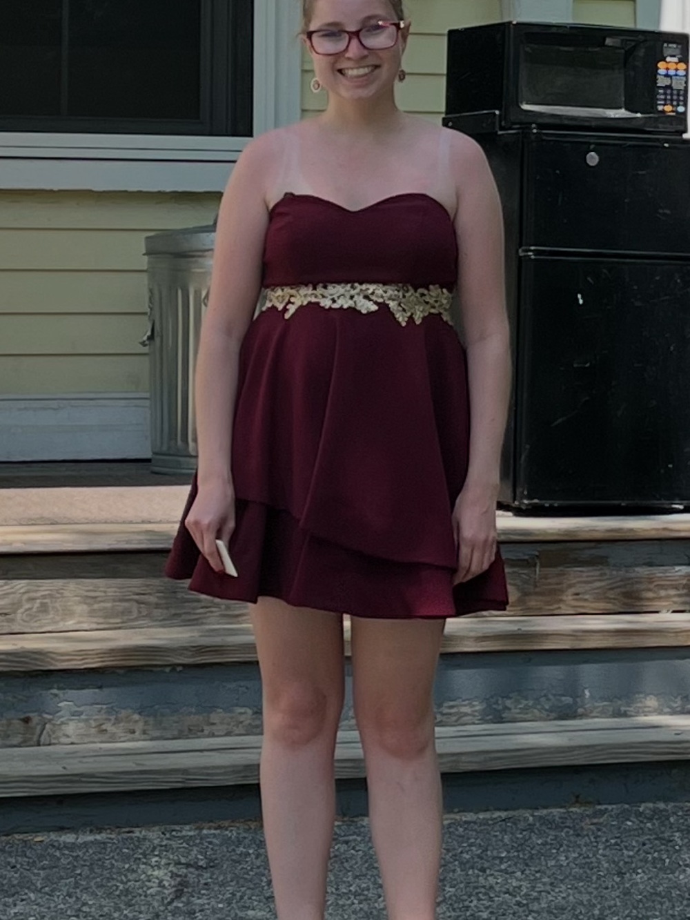 Strapless Burgundy Party Dress with Gold Lace Waist
